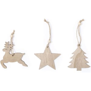 A set of wooden Christmas ornaments featuring a reindeer, a star, and a tree, all in a natural wood finish.
