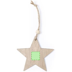 A wooden star ornament with a natural finish and a jute string for hanging, featuring a green square area.