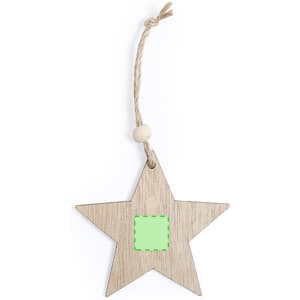 A wooden star ornament in light wood colour, featuring a blank green area and a twine loop for hanging.