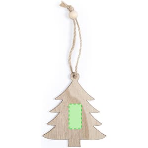 A wooden Christmas tree ornament with a jute twine loop and a blank rectangular space for personalisation.
