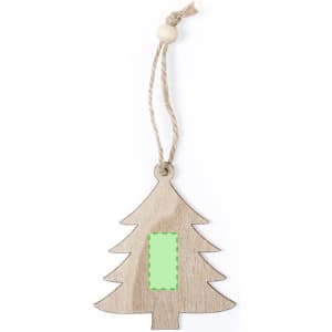 A wooden Christmas tree decoration in a natural finish, featuring a string for hanging and a blank centre for customization.