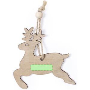 A wooden reindeer ornament with a rope hanger, featuring a blank space for personalisation.