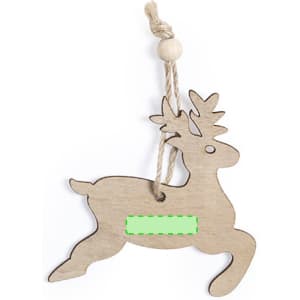 A wooden reindeer decoration with a jute string and a wooden bead, featuring a running pose and natural finish.