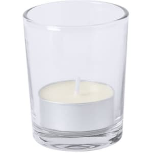 A glass candle holder with a white tealight candle inside, featuring a simple and elegant design.