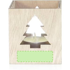 A wooden candle holder with a Christmas tree cutout, featuring a small tealight candle inside.