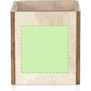 A wooden cube container with a light green section on the front, featuring a simple, natural finish.