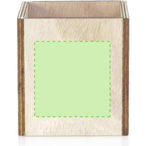 A wooden container with a light-coloured finish, featuring an empty green square for customisation.