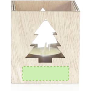 A wooden candle holder with a Christmas tree cut-out, featuring a white candle inside.