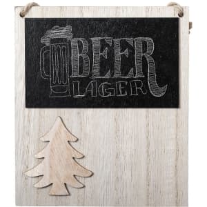 A wooden Christmas decoration featuring a black chalkboard area with the word "BEER" and a wooden Christmas tree shape.