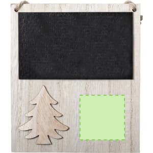 A wooden Christmas decoration featuring a chalkboard surface, a wooden tree, and a blank green square.