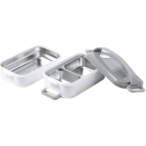 A thermal lunch box in white with a grey lid, featuring two separate stainless steel compartments.