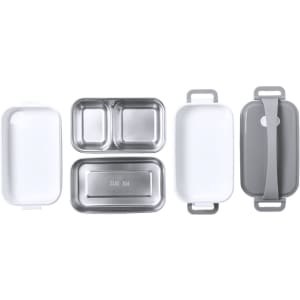 A set of lunch boxes featuring stainless steel and white plastic components, with grey accents and a logo.
