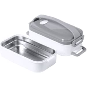 A dual-compartment thermal lunch box in white and grey, featuring a removable stainless steel container and a handle.