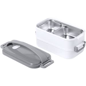 A white thermal lunch box with a grey lid, featuring two stainless steel compartments and handles.