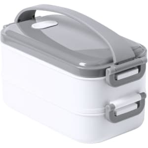 A grey and white thermal lunch box with a handle and secure clips. It features a smooth, glossy finish.