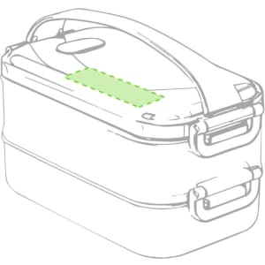 A thermal lunch box in grey with a handle and clips, featuring a smooth, rounded design and a logo.
