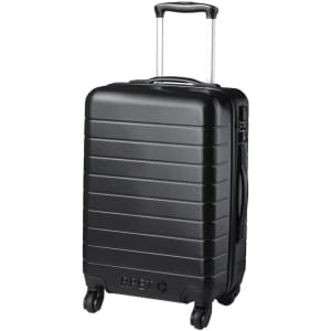 A black wheeled trolley bag with a textured surface and a retractable handle, featuring a logo on the front.