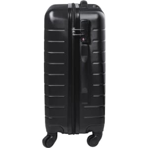 A black wheeled bag with a sleek design and a built-in lock, featuring four wheels for easy mobility.