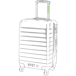 A wheeled trolley bag in a light colour with a retractable handle and logo on the front.