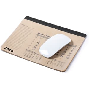 A mousepad calendar in beige featuring a 2026 calendar layout and a white computer mouse on top.