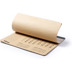 A brown mousepad calendar featuring a 2024 calendar layout, with a grey base and a logo on the corner.