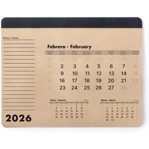 A mousepad calendar in neutral tones featuring a monthly layout for February 2026 and space for notes, with a dark border.