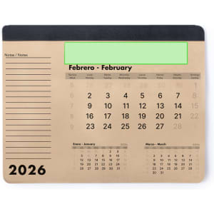 A mousepad calendar featuring a tan base with a calendar layout for February and notes section at the top.