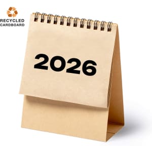 A desk calendar made from recycled cardboard, featuring the year 2026 in bold black numbers.