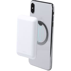 A white power bank attached to the back of a smartphone, featuring a logo and a wireless charging design.