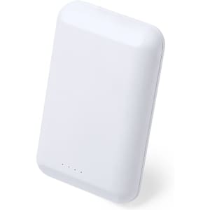 A white power bank with a minimalist design, featuring four small indicator lights and a branding logo.