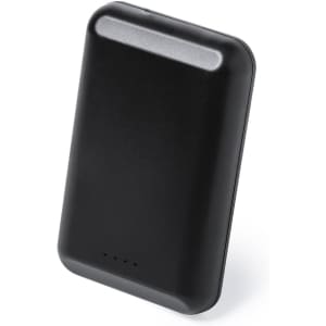 A black power bank with a sleek design, featuring a logo on the surface and four LED indicator lights.