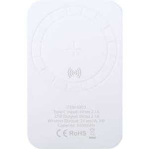 A white Vekmar power bank with a wireless charging pad and a logo, featuring a slim rectangular design.