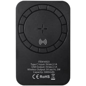 A black Vekmar Power Bank with a circular design and a wireless charging pad on the surface. It has a logo.