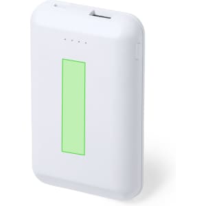 A white power bank with a green light indicator, featuring a USB port and a sleek design.