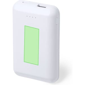 A white power bank with a green light panel and a USB port, featuring a subtle logo.