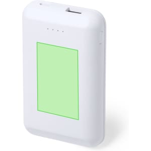 A white power bank with a green area on the front and a small button on the side. It features a logo.
