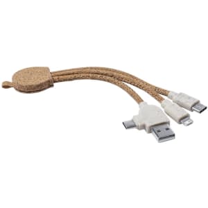 A charging cable with a braided tan finish, featuring multiple connectors and a small pouch for storage.