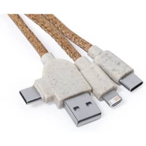 A charging cable with beige connectors and a textured brown finish, featuring USB, Lightning, and USB-C connectors.
