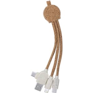 A charging cable with cork material and three connectors, featuring a logo on the holder.