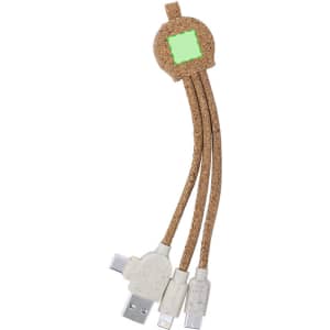 A cork charging cable with three connectors: USB, Lightning, and micro USB. It features a green logo area.