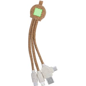 A charging cable featuring a cork texture with three connectors in beige and grey, and a small logo at the top.