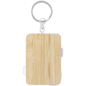 A bamboo keychain storage device with a silver ring and white accents. Features a sleek, natural wood finish.