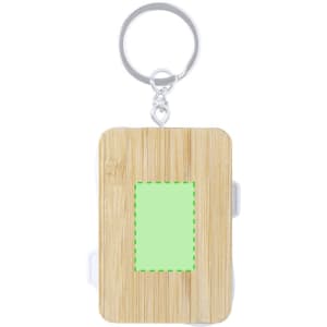 A bamboo keychain with a sleek design, featuring a blank area for customisation and a metal ring attachment.