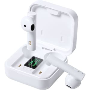 White Vinzer earphones displayed in their charging case, featuring one earphone in and one out, with a logo on the case.