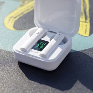 Vinzer Earphones in a white charging case, showcasing a digital display and two white earbuds inside.