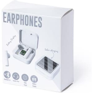 A white box containing Vinzer earphones with a solar panel and battery display inside.