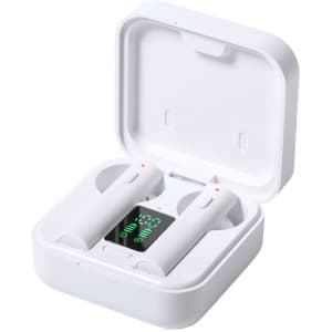 White Vinzer earphones in a charging case, featuring LED indicators and a sleek design.