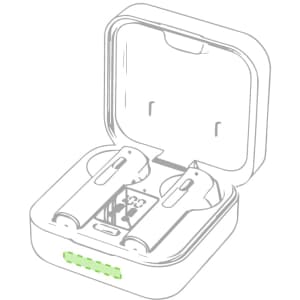 A pair of white Vinzer earphones in a charging case, featuring a logo and a green indicator light.