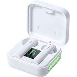 White Vinzer earphones in a charging case, featuring a digital display and indicator lights.