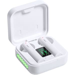 A pair of white Vinzer earphones in a charging case with LED indicators and a digital display.